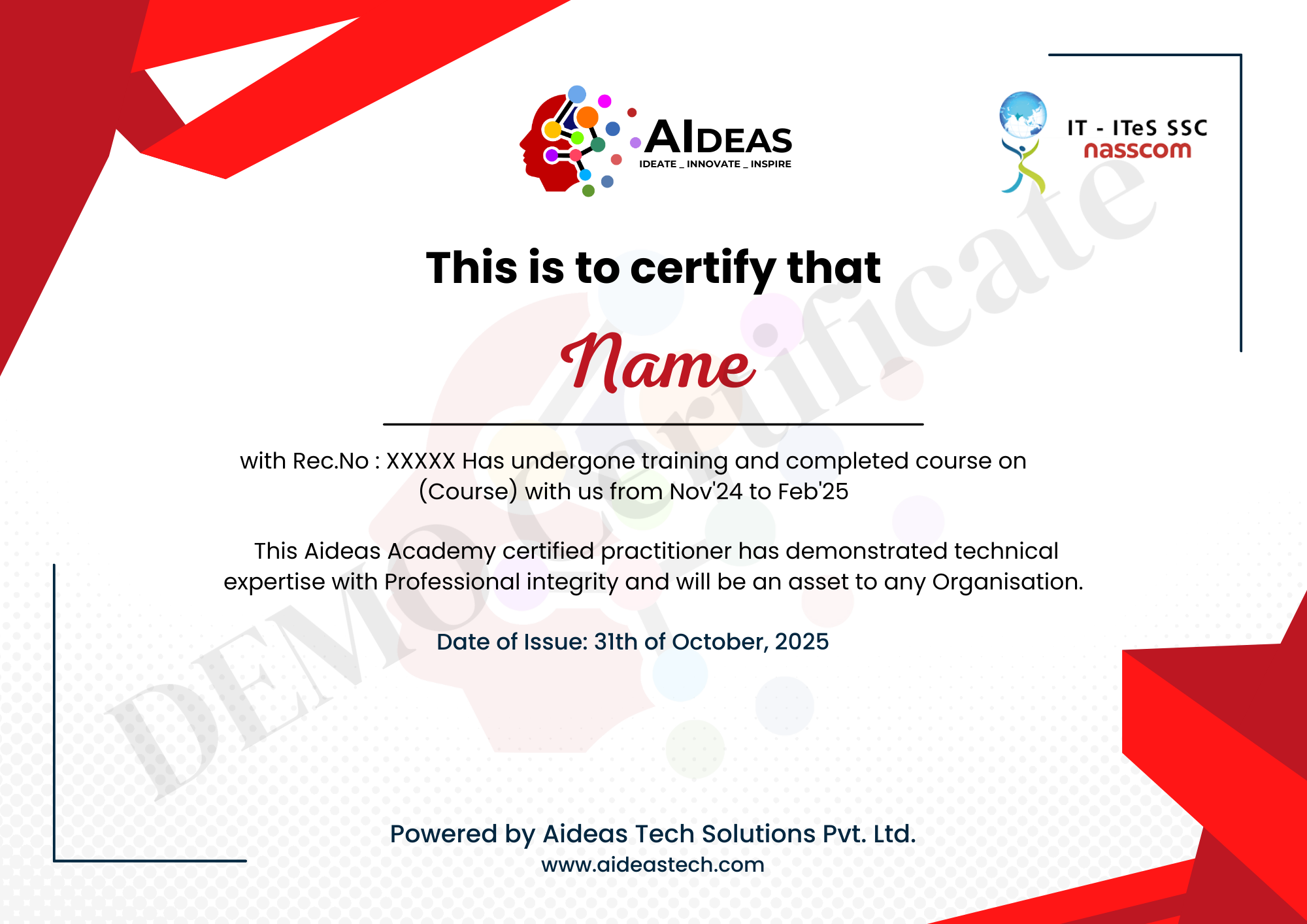 Course Completion Certificate by Aideas + Nasscom
